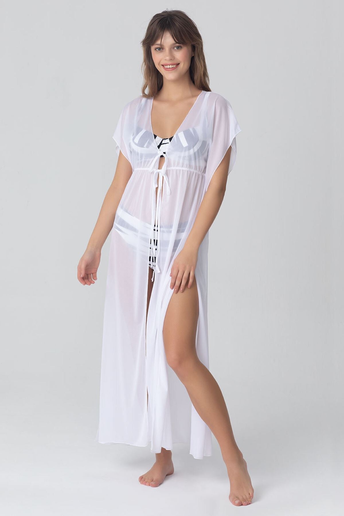 Kom Wiona Önden Açık Uzun Plaj Elbise Beyaz