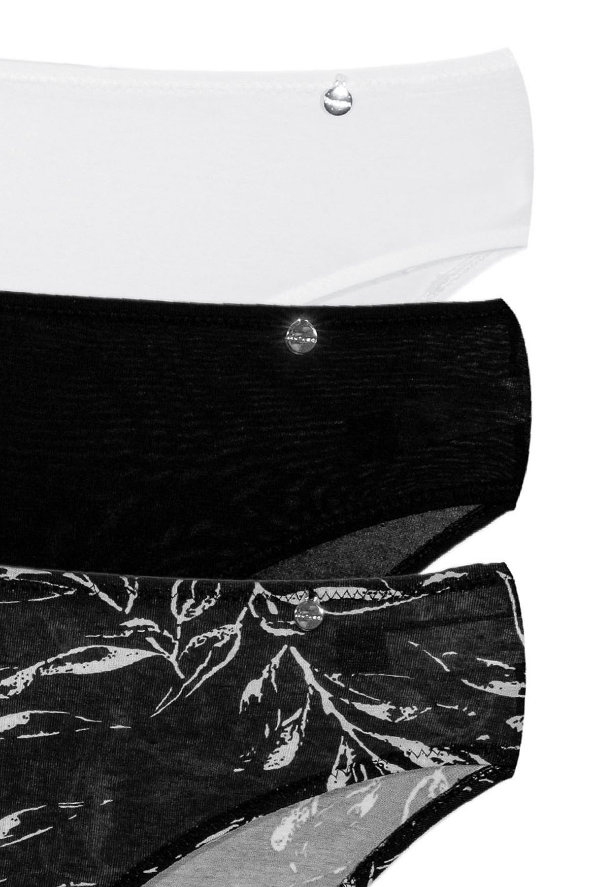 Kom Aleaf Pamuk-Modal 3 lu Kadın Külot Siyah-Beyaz