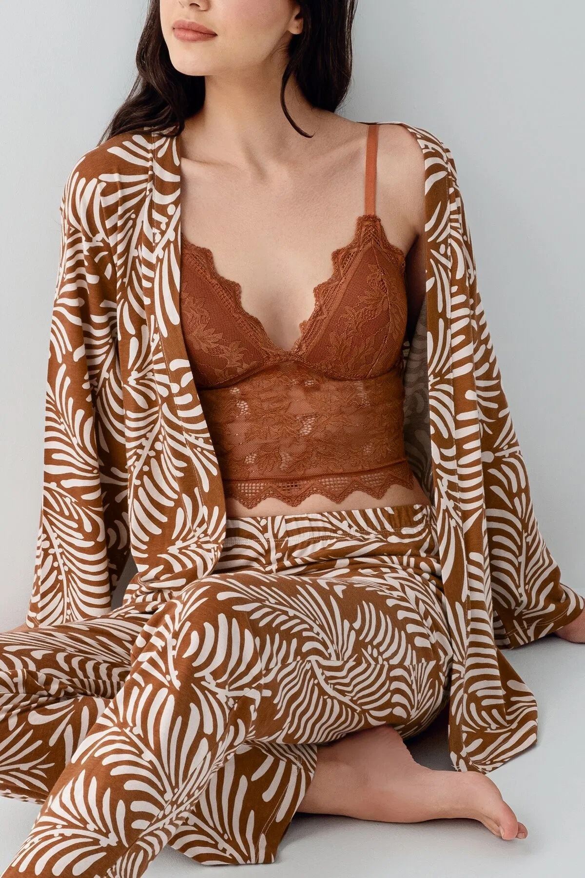 Arnetta Kadın Modal 3'lü Pijama Takımı Kahve