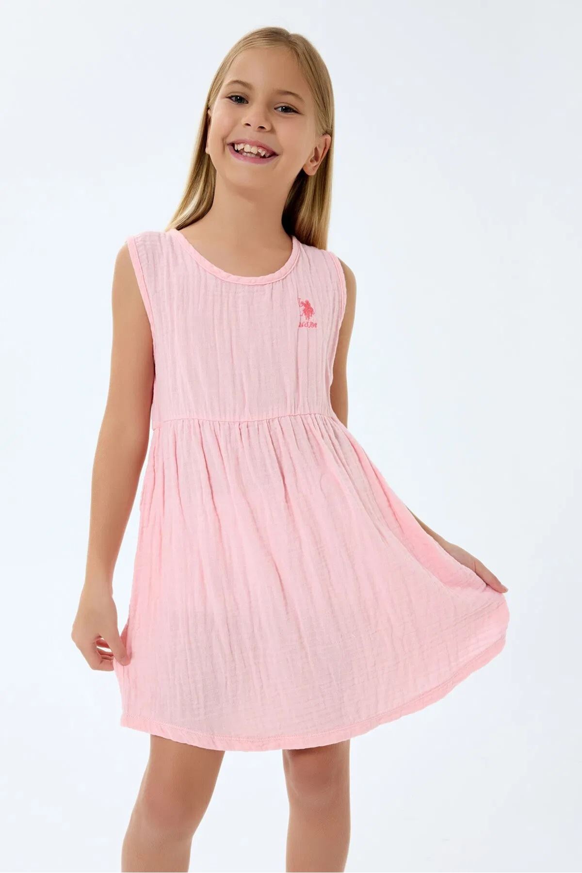 U.S. Polo Assn Kız Çocuk Müslin Elbise Pembe