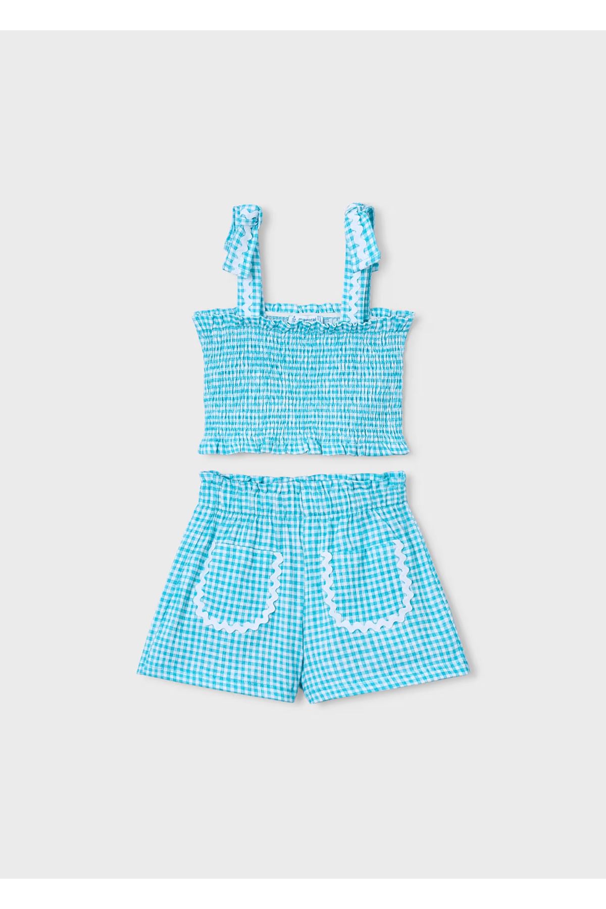 Mayoral Kız Çocuk Petek Desenli Askılı Cep Detaylı 2 Parça Şortlu Takım 3232 Turkuaz