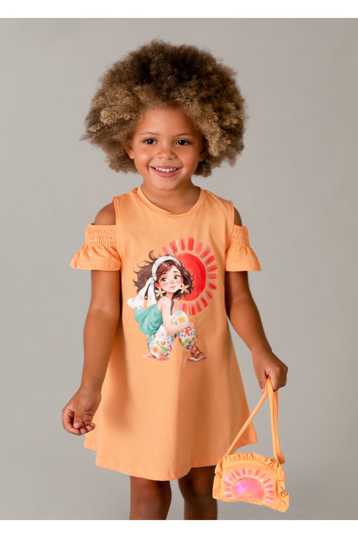 Mayoral Kız Çocuk Omuz Yırtmaçlı 2 Parça Elbise ve Çanta 3941 Turuncu