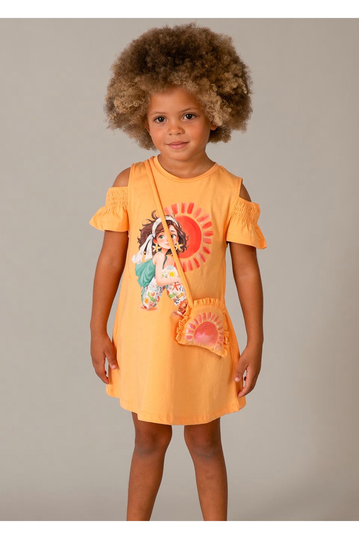 Mayoral Kız Çocuk Omuz Yırtmaçlı 2 Parça Elbise ve Çanta 3941 Turuncu