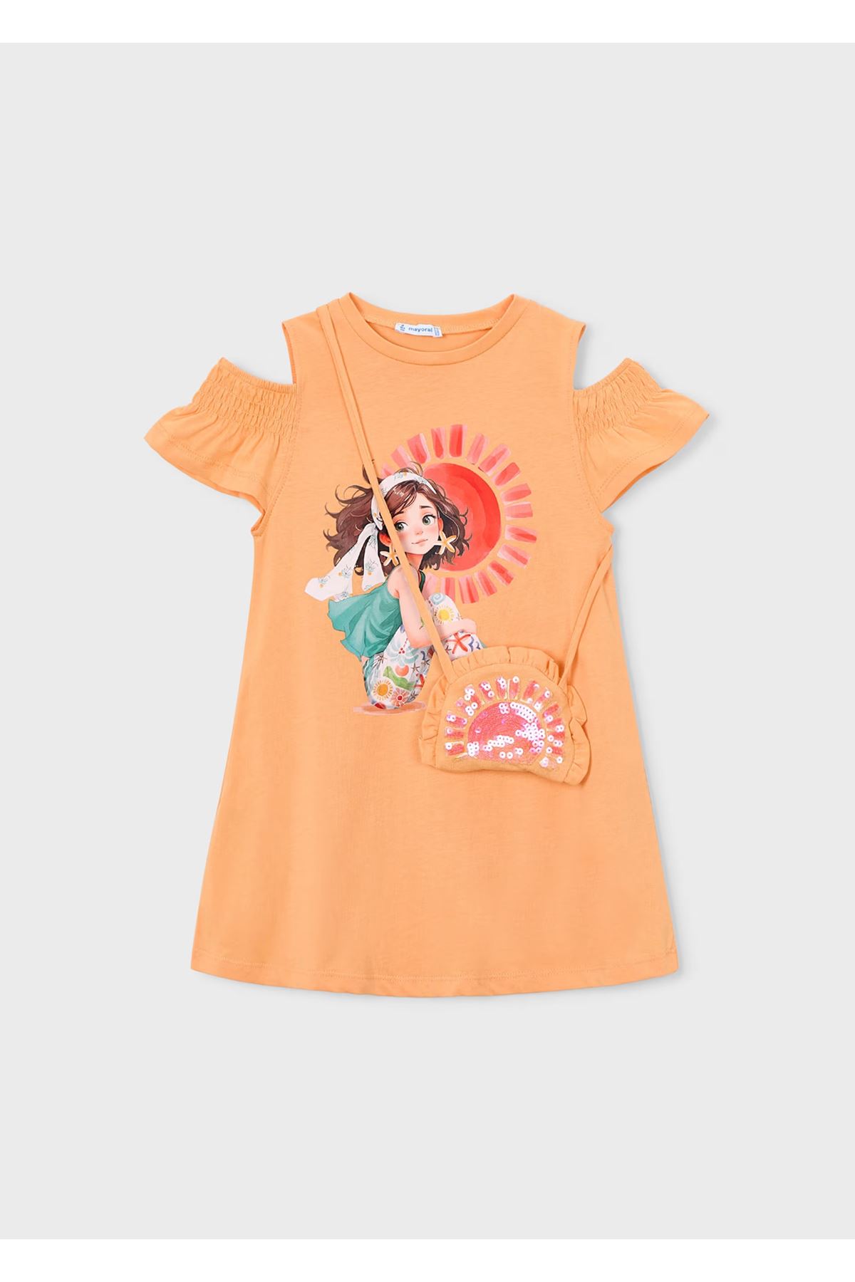 Mayoral Kız Çocuk Omuz Yırtmaçlı 2 Parça Elbise ve Çanta 3941 Turuncu
