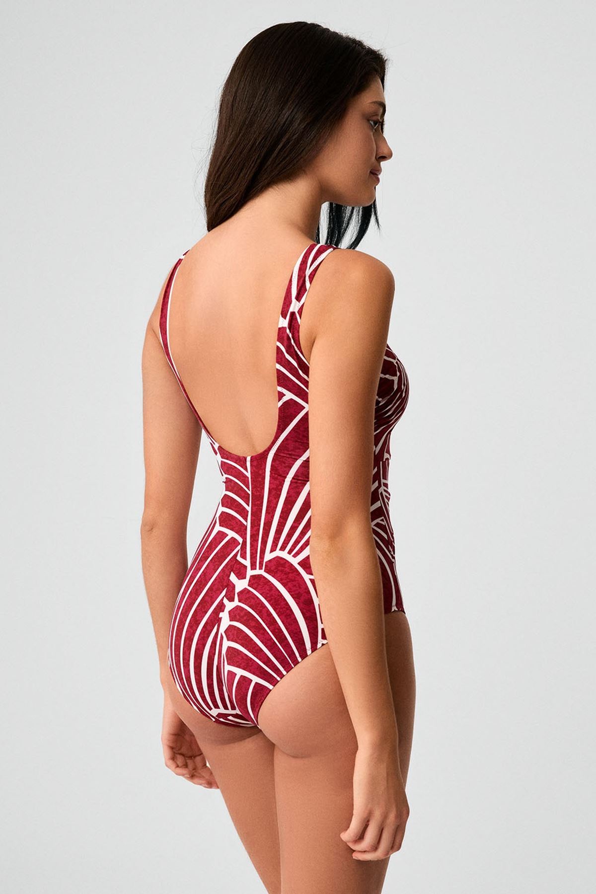 Kom Reparo Desenli Toparlayıcı Mayo Vişne