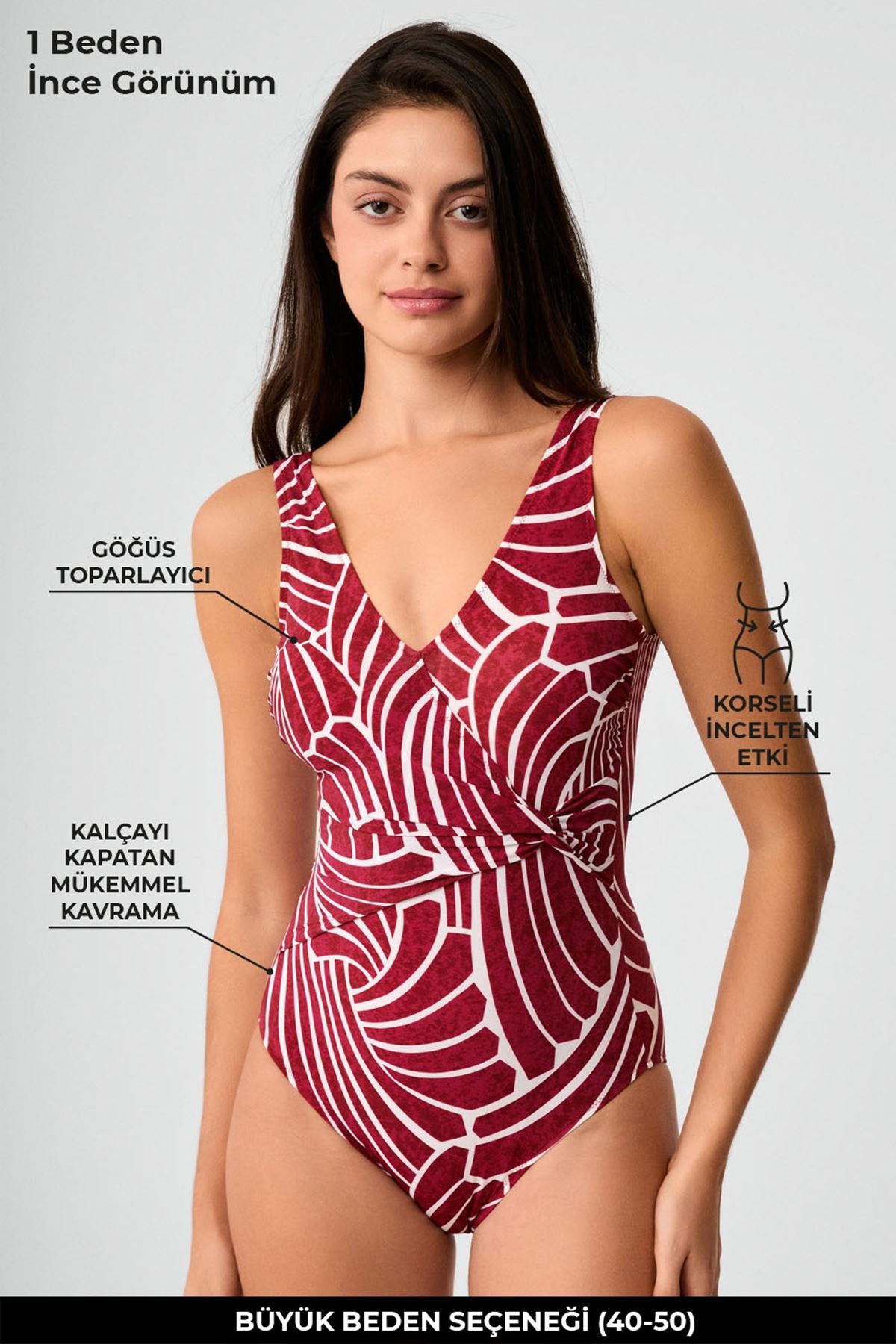 Kom Reparo Desenli Toparlayıcı Mayo Vişne