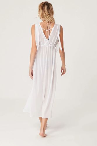 Kom Sugu Bağlamalı Uzun Elbise Beyaz