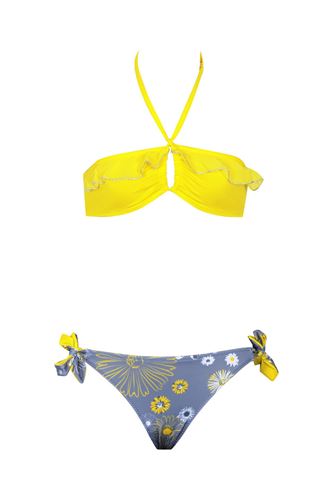 Kom Kara Çiçek Desenli Kız Çocuk Bikini Takım Sarı