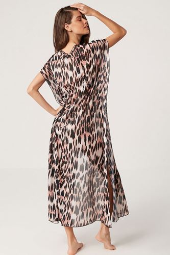 Kom Phaldo Leopar Desenli Uzun Elbise Kahve