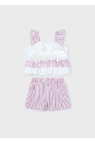 Mayoral Kız Çocuk 2 Parça Çizgili ve Fırfırlı Şort Takım Pembe
