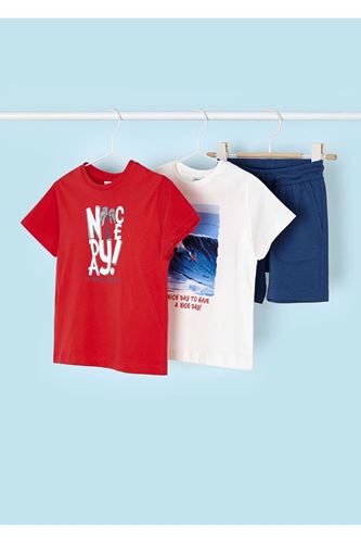 Mayoral Erkek Çocuk 3 Parça Baskılı T-Shirt - Şort Takım Kırmızı-Beyaz