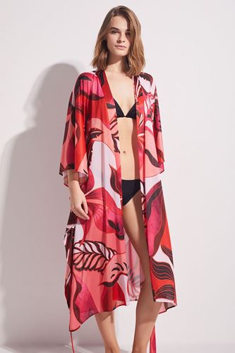 Kom Tina Desenli Uzun Elbise Pareo Kırmızı