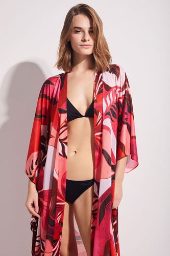 Kom Tina Desenli Uzun Elbise Pareo Kırmızı