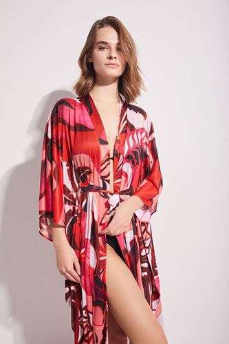 Kom Tina Desenli Uzun Elbise Pareo Kırmızı