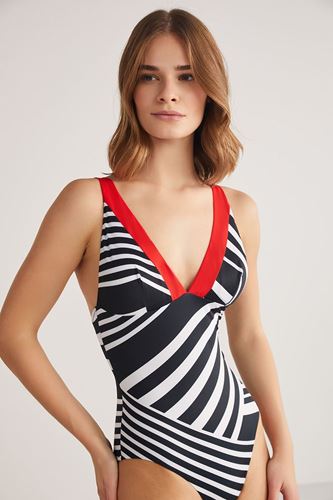 Kom Evita Çizgi Desenli V Yaka Mayo Siyah