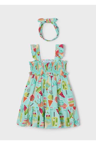 Mayoral Kız Çocuk Kafa Bandı İle Baskılı Elbise 3939 Turkuaz