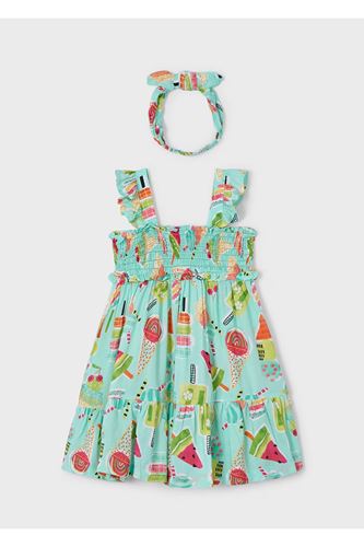 Mayoral Kız Çocuk Kafa Bandı İle Baskılı Elbise 3939 Turkuaz