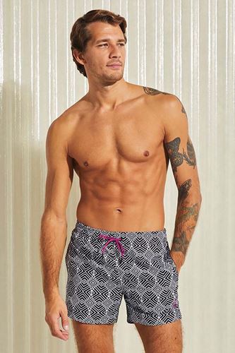 Kom Apollo Geometri Desenli Deniz Şortu Siyah