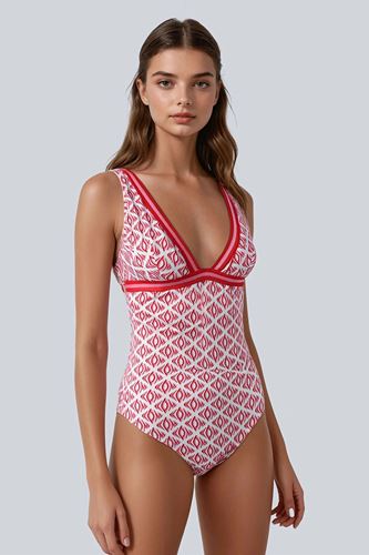 Kom Desenli  V Yaka Mayo Kırmızı