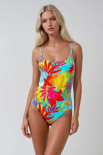 Kom Flo Desenli Yuvarlak Yaka Mayo Turkuaz