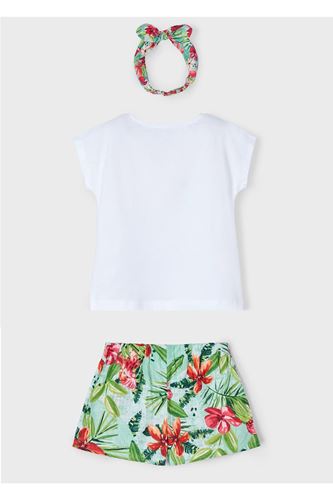 Mayoral Kız Çocuk Tropikal Tişört-Etek-Kafa Bandı 3 Parça Takım Yeşil-Beyaz
