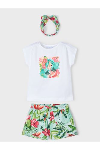 Mayoral Kız Çocuk Tropikal Tişört-Etek-Kafa Bandı 3 Parça Takım Yeşil-Beyaz