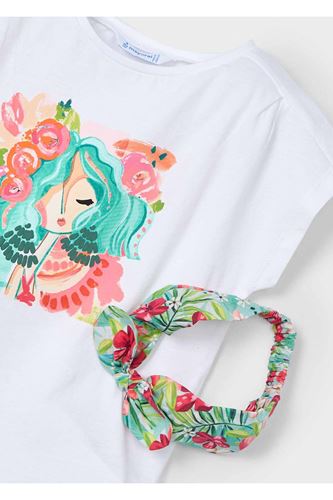 Mayoral Kız Çocuk Tropikal Tişört-Etek-Kafa Bandı 3 Parça Takım Yeşil-Beyaz