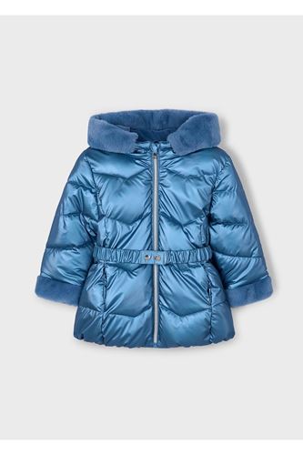 Mayoral Kız Çocuk Kürk Süslemeli Kapüşonlu Kemerli Parlak Uzun Mont 4448 Mavi