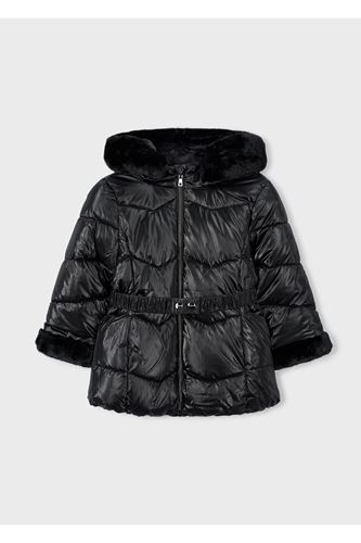 Mayoral Kız Çocuk Kürk Süslemeli Kapüşonlu Kemerli Parlak Uzun Mont 4448 Siyah