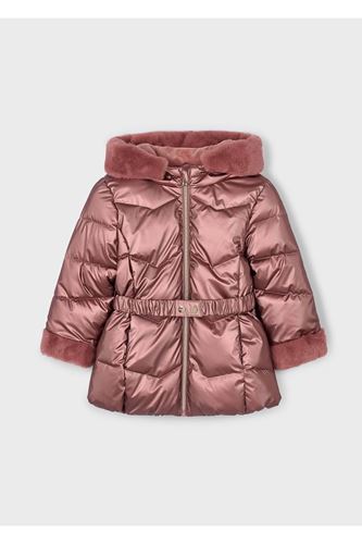 Mayoral Kız Çocuk Kürk Süslemeli Kapüşonlu Kemerli Parlak Uzun Mont 4448 Kırmızı
