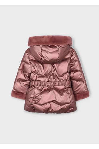 Mayoral Kız Çocuk Kürk Süslemeli Kapüşonlu Kemerli Parlak Uzun Mont 4448 Kırmızı