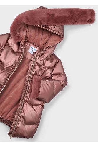 Mayoral Kız Çocuk Kürk Süslemeli Kapüşonlu Kemerli Parlak Uzun Mont 4448 Kırmızı
