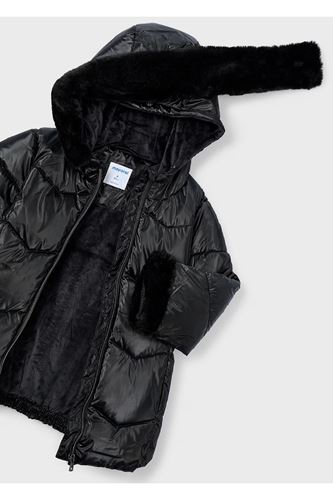 Mayoral Kız Çocuk Kürk Süslemeli Kapüşonlu Kemerli Parlak Uzun Mont 4448 Siyah