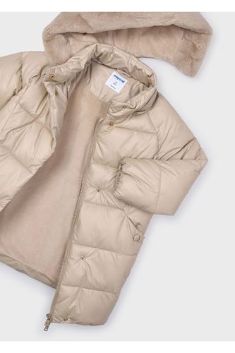 Mayoral Kız Çocuk Kürk Süslemeli Kapüşonlu Uzun Mont 4447 Krem