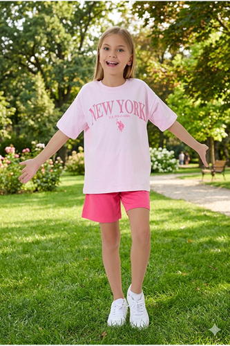 U.S. Polo Assn Kız Çocuk İki İplik Şortlu Takım Pembe