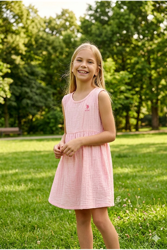 U.S. Polo Assn Kız Çocuk Müslin Elbise Pembe