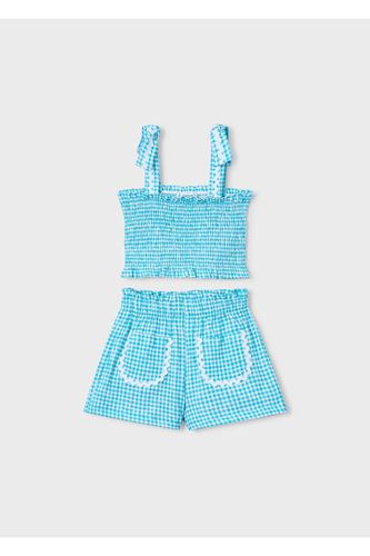 Mayoral Kız Çocuk Petek Desenli Askılı Cep Detaylı 2 Parça Şortlu Takım 3232 Turkuaz